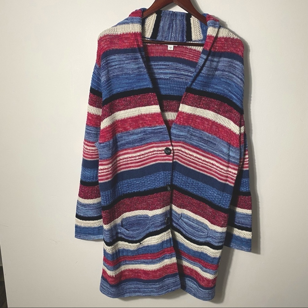 J Jill Red White Blue Longline Duster Cardigan Size XL